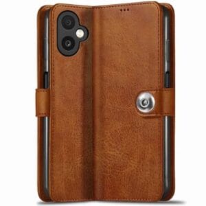 TheGiftKart Flip Cover Back Case for Samsung Galaxy M06 5G / F06 5G | Genuine Leather Finish | Designer Button | Inbuilt Pockets & Stand | Flip Cover for Samsung M06 5G / F06 5G (Faux Leather, Brown)