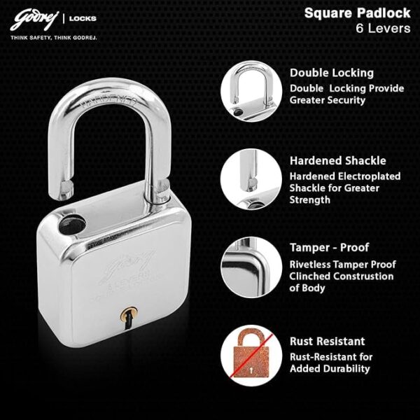 Godrej Locks I Square 6 levers 50mm I 4 Keys I Padlock for - Image 3
