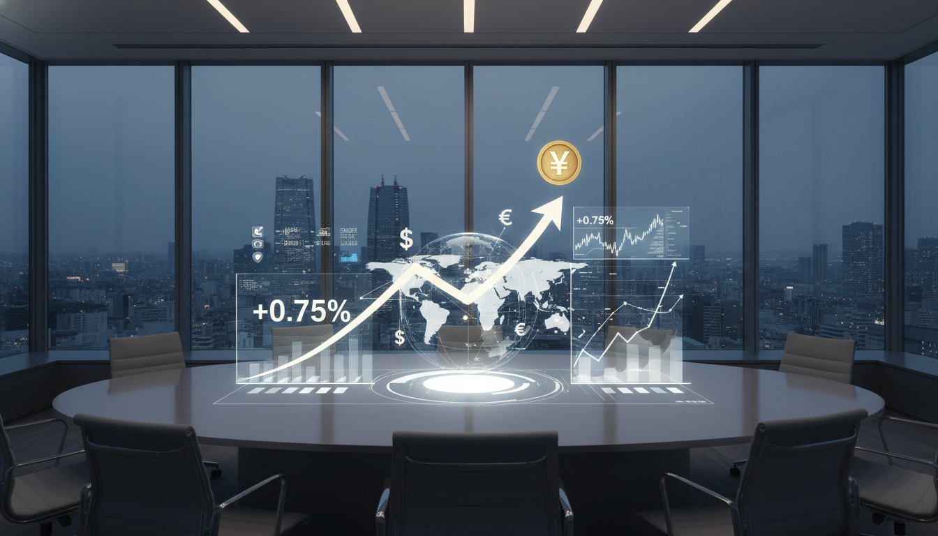 Bank of Japan headquarters and financial district background featuring Yen and USD currency symbols to illustrate the interest rate hike to 0.75 percent.