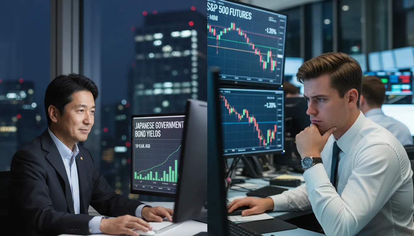A split-screen graphic showing a Japanese investor viewing rising JGB yields next to a US trader reacting to falling S&P 500 futures after the Bank of Japan raised rates to 0.75%.