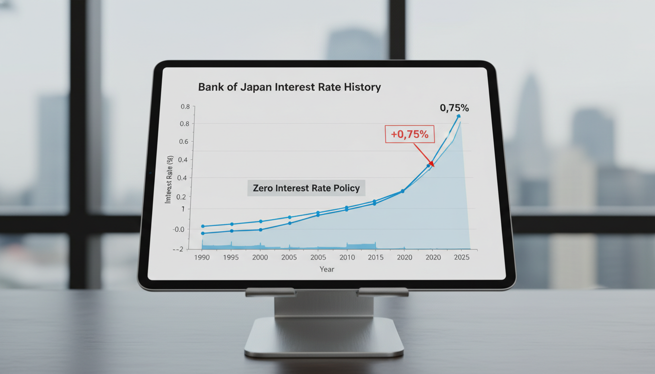 Line chart showing Bank of Japan interest rates from 1990 to 2025, highlighting the long Zero Interest Rate Policy era and the significant 2025 hike to 0.75%.
