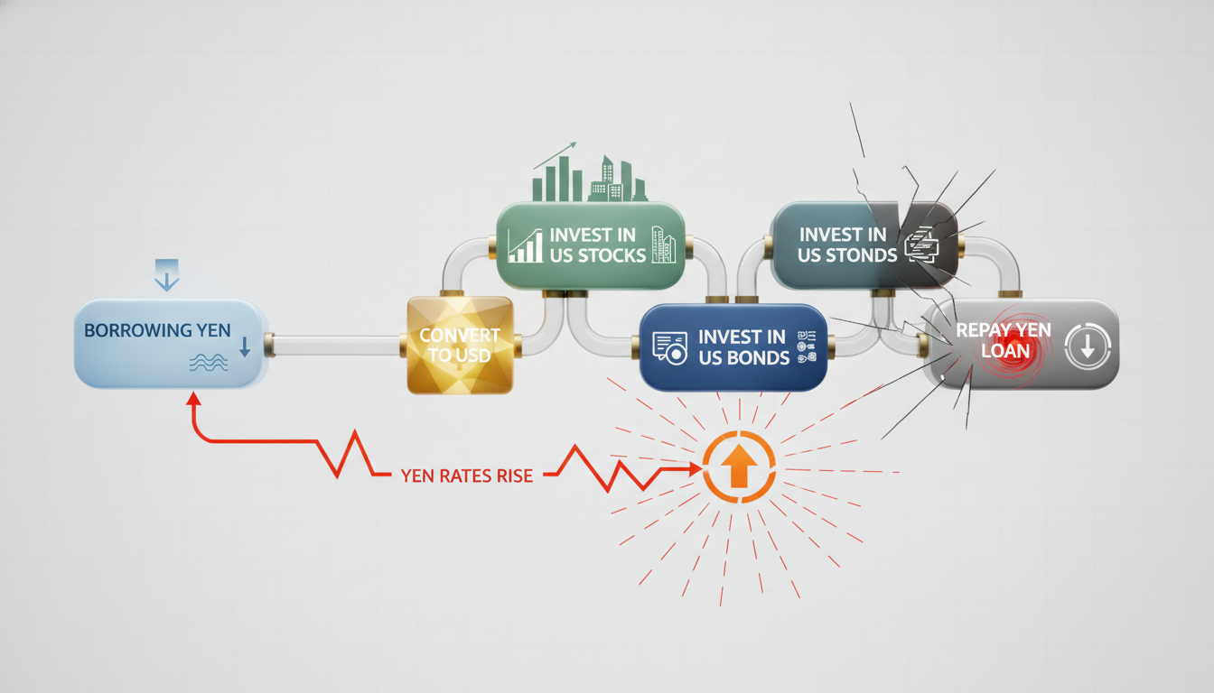 Diagram illustrating the Yen carry trade mechanism: borrowing JPY at low interest rates, converting to USD, and investing in US assets, highlighting the risk of a BoJ rate hike.