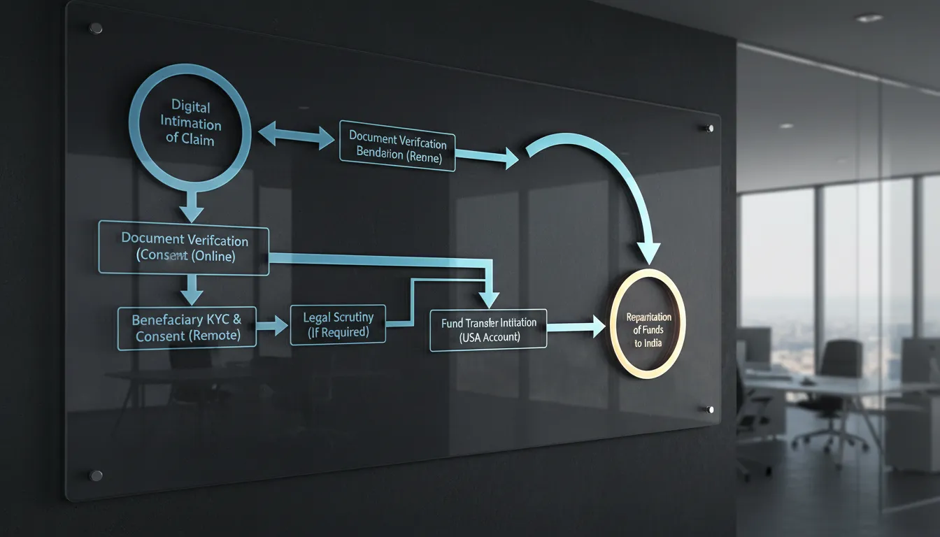 A detailed flowchart illustrating the 2025 remote claim settlement process for NRI beneficiaries of Indian term insurance, depicting steps from digital intimation to fund repatriation to the USA.