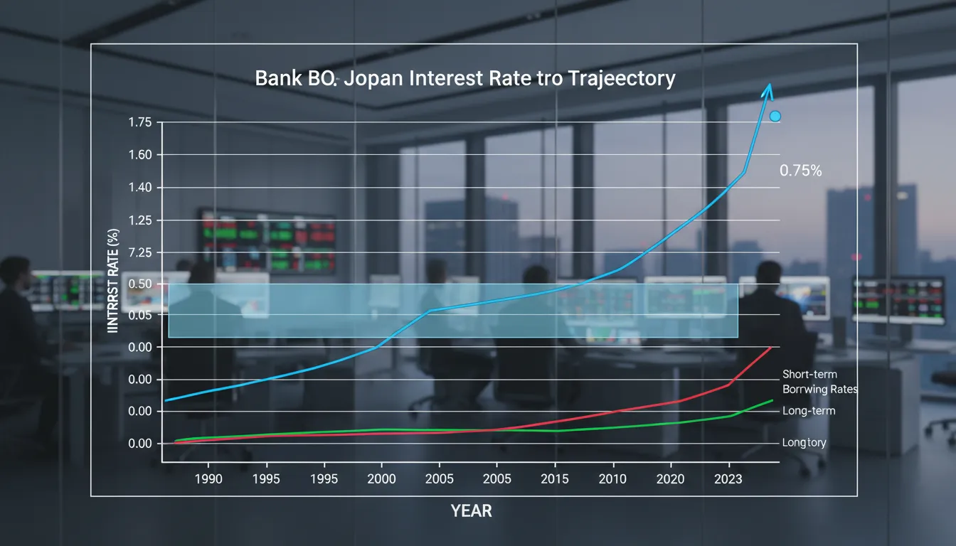 Multi-line chart tracking Bank of Japan interest rates from 1990 to present illustrating the recent spike to 0.75 percent after decades of near-zero levels.