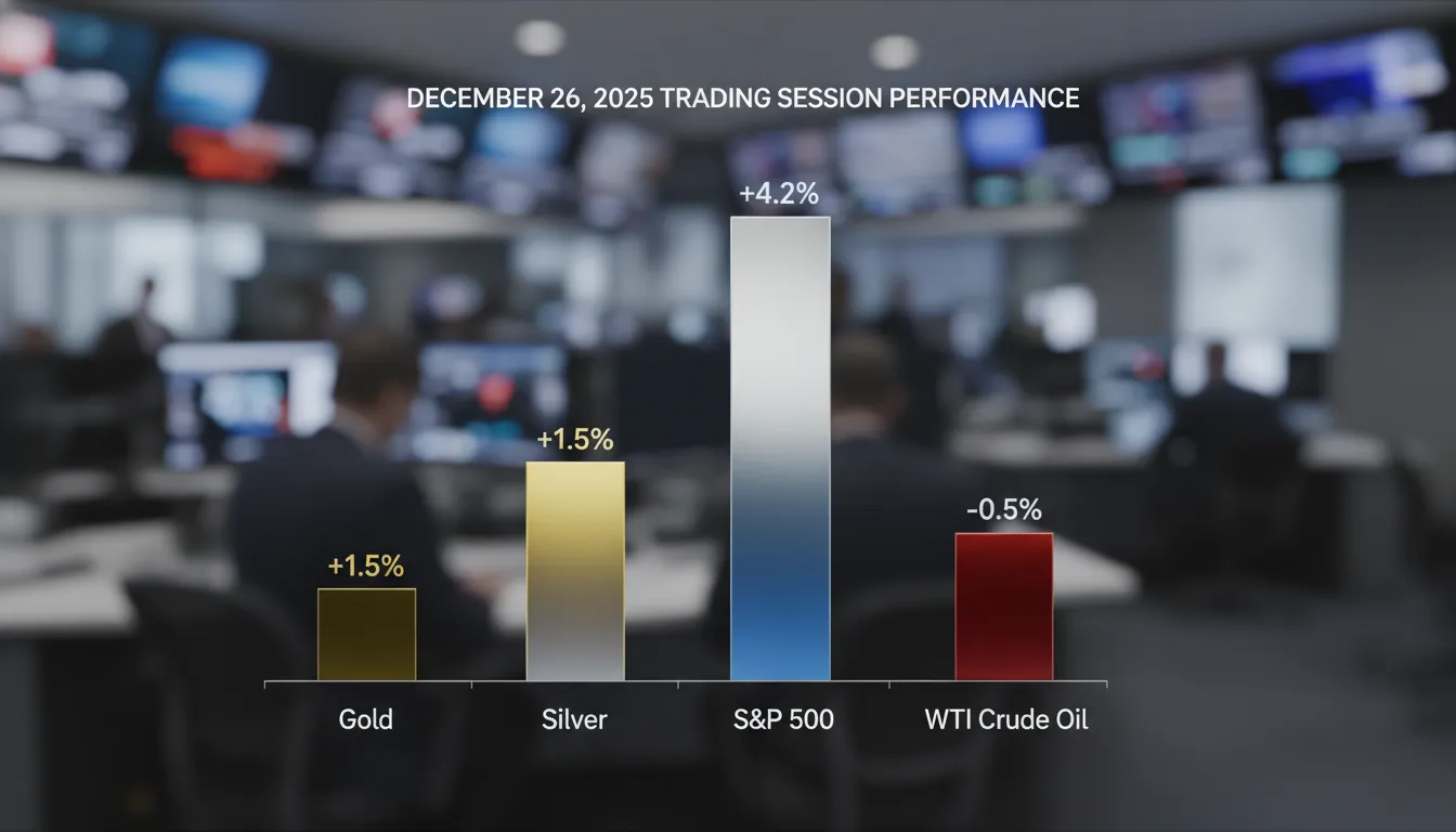 Comparative bar chart showing percentage performance of Gold, Silver, S&P 500, and WTI Crude Oil on December 26, 2025, with Silver as the top performer.