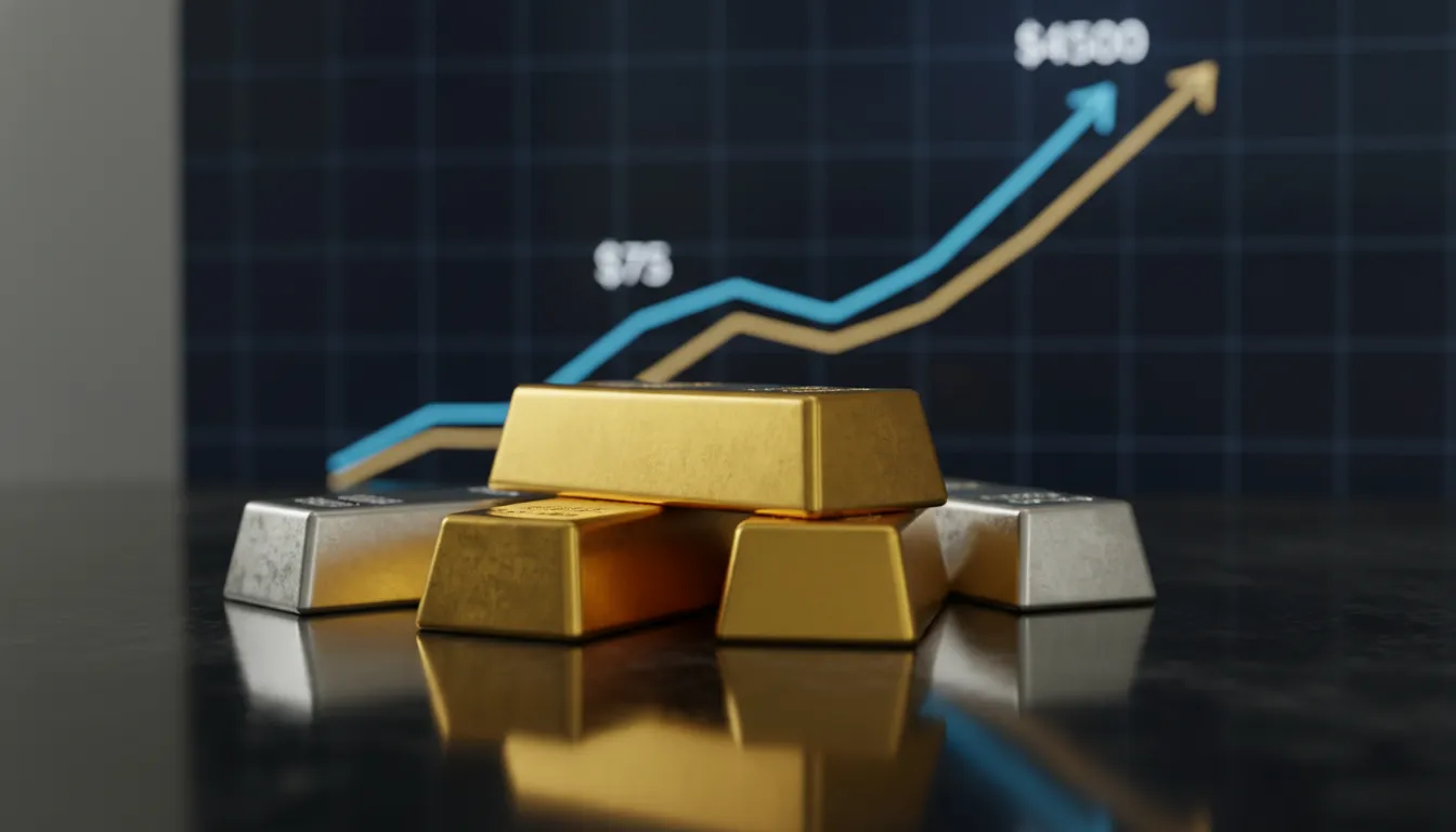 Professional market graph illustrating gold and silver futures reaching record high prices of $4,500 and $75 per ounce.