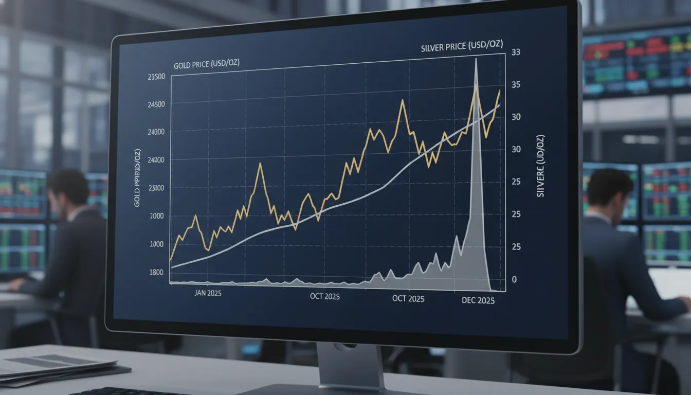 Dual-axis line chart comparing Gold and Silver futures price trajectory over 12 months, highlighting the Q4 2025 breakout to record highs of $4,500 and $75 per ounce.