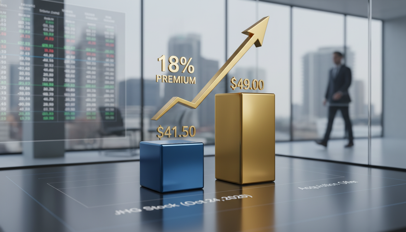 Bar chart comparing Janus Henderson stock price on October 24, 2025, against the $49.00 per share acquisition offer from Trian and General Catalyst, illustrating the 18% premium.