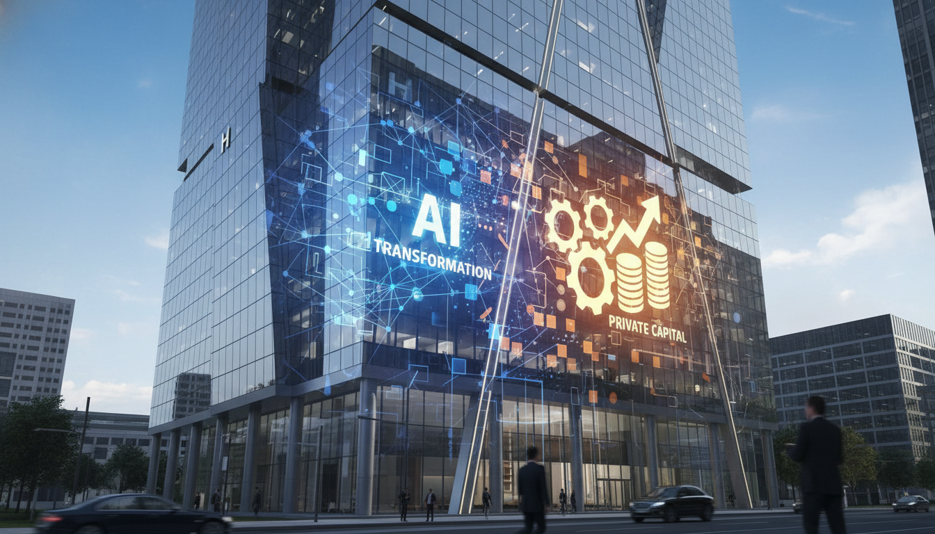 Janus Henderson headquarters building with digital overlays for AI Transformation and Private Capital representing the Trian Fund Management and General Catalyst take-private deal.