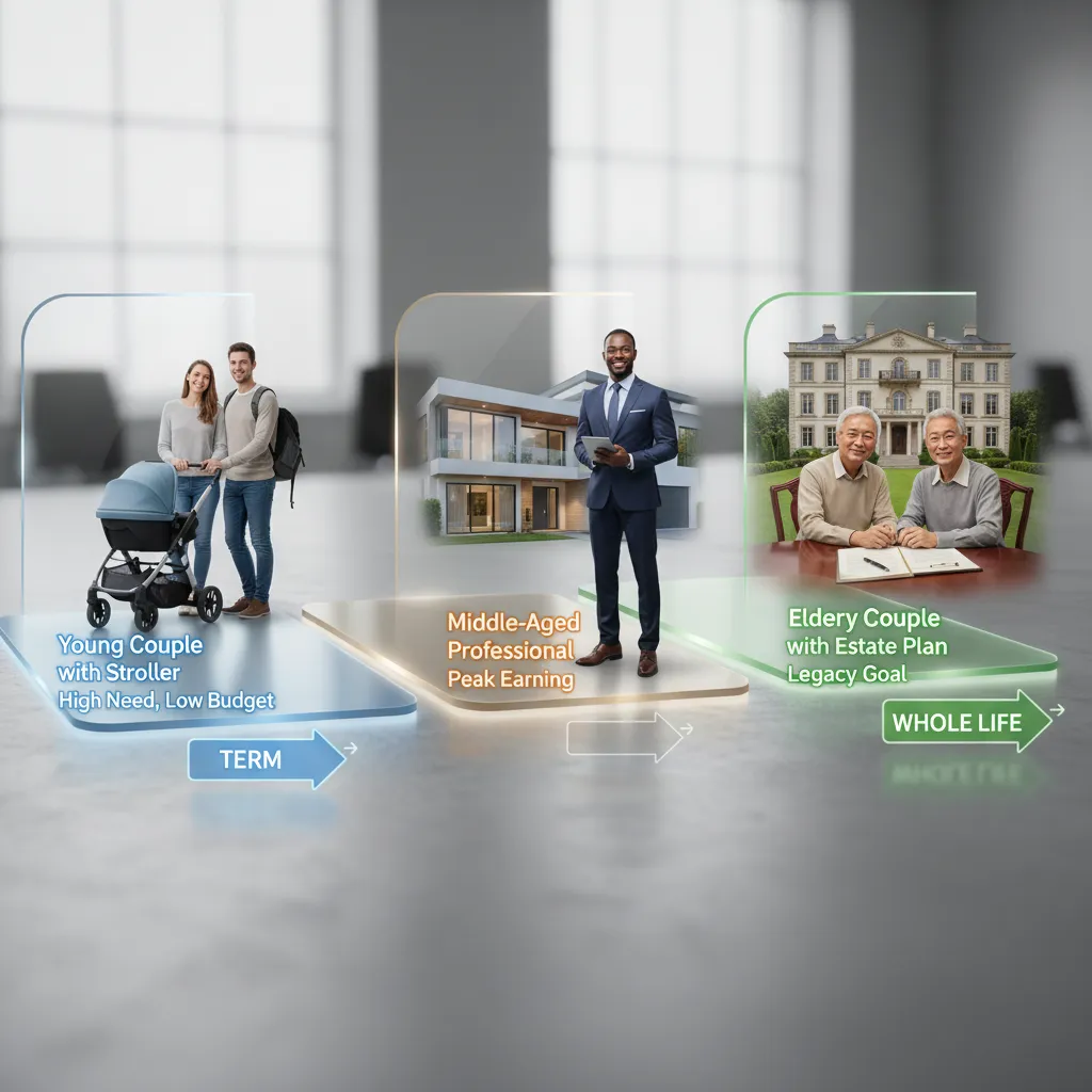 Life stage roadmap indicating when to choose Term Life versus Whole Life insurance.
