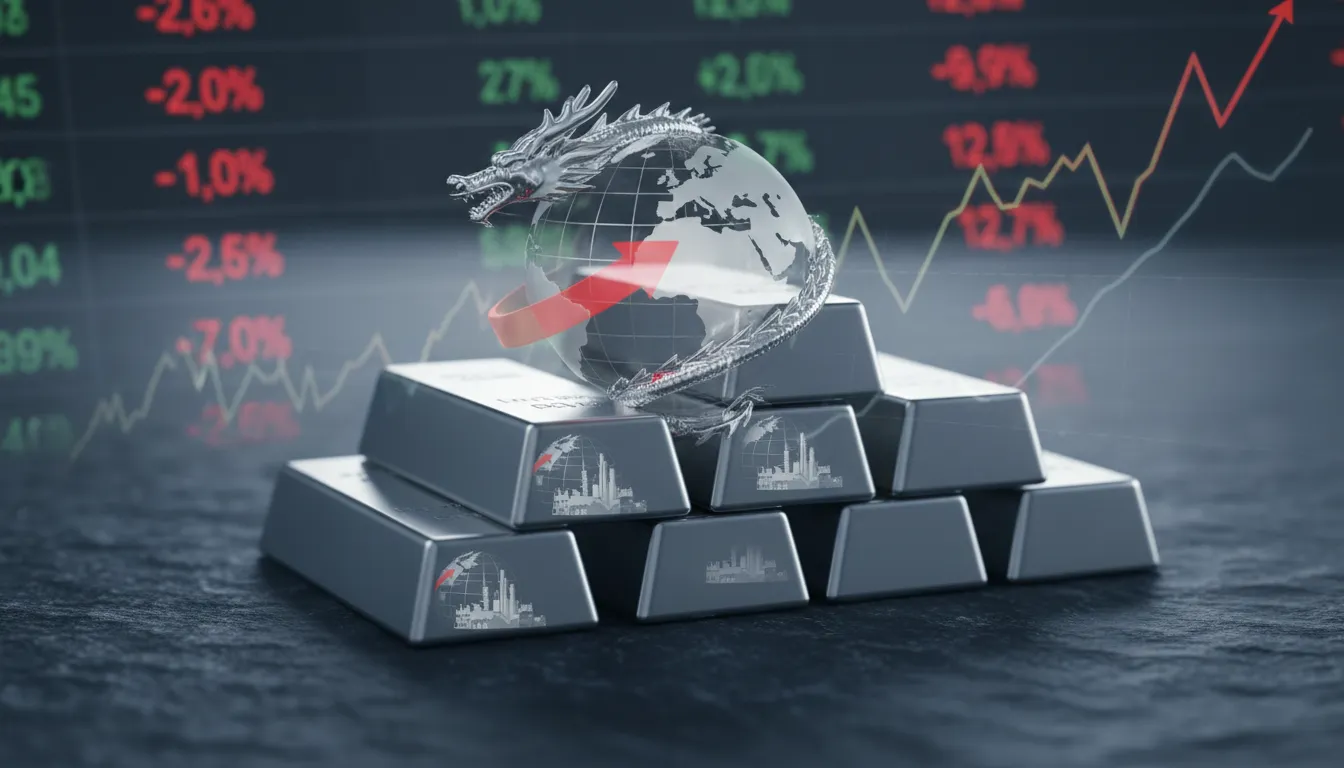Professional visualization of silver bullion bars and a rising financial chart representing record-high global silver prices and trade restrictions.