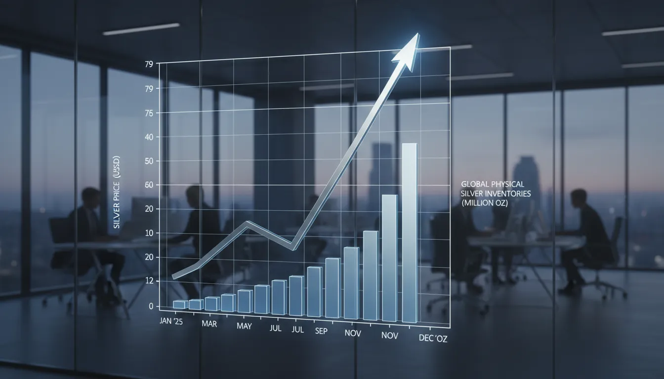 Line chart showing 2025 silver price surge to $79 per ounce contrasted with a bar chart of falling global physical silver inventories.