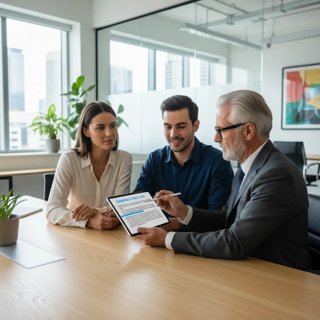 Senior insurance consultant advising a couple on term insurance features