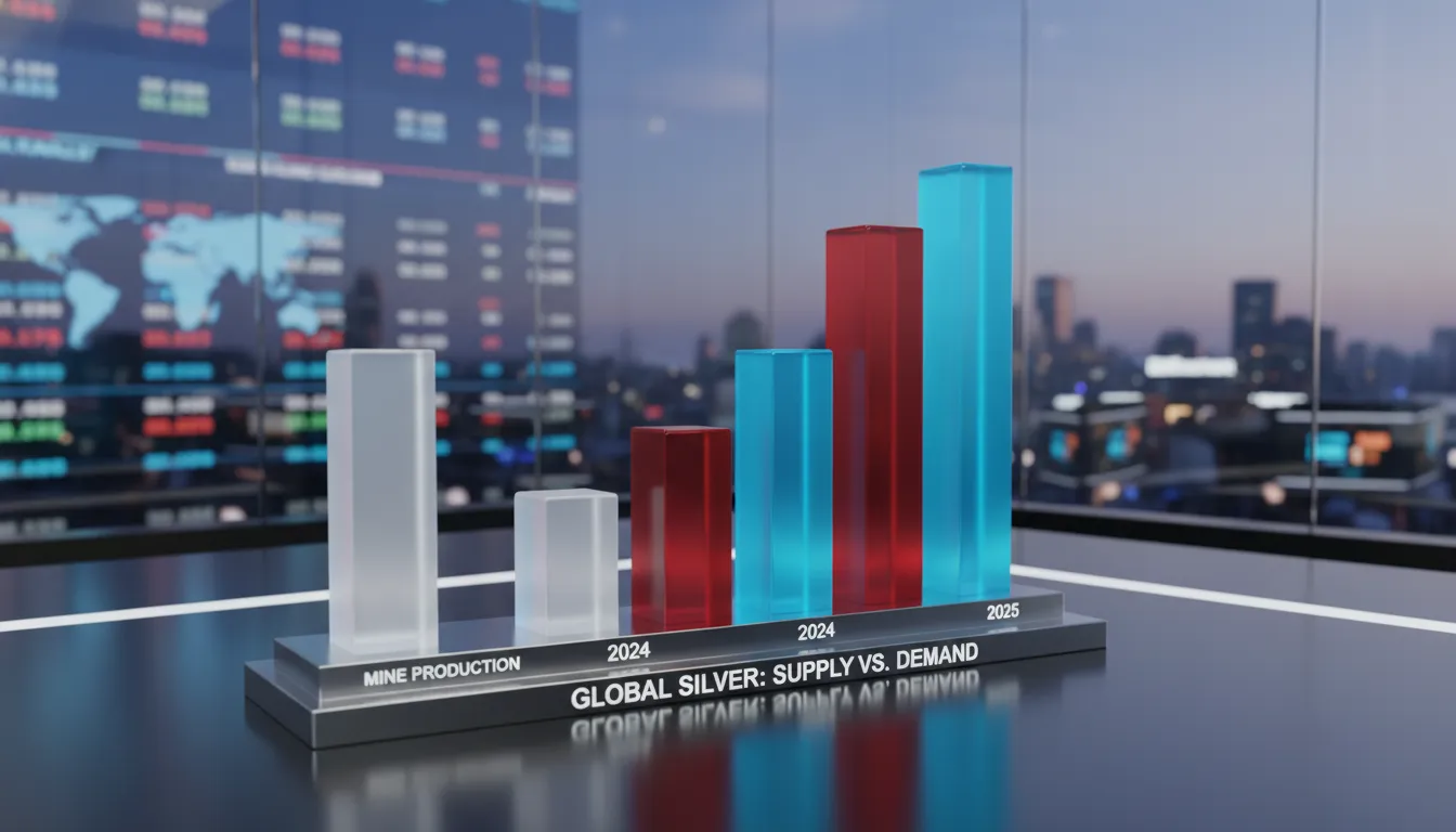 A bar graph showing the widening deficit between global silver mine production and industrial demand from 2023 to 2025.