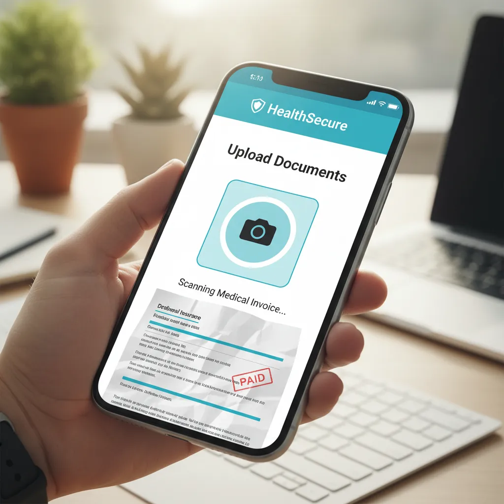 Smartphone app interface showing the document upload feature for insurance claims
