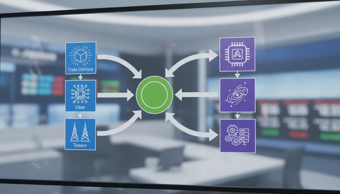 Professional flowchart showing DigitalBridge digital infrastructure assets like data centers, fiber, and towers integrating with SoftBank AI portfolio companies including Arm and Stargate partners.
