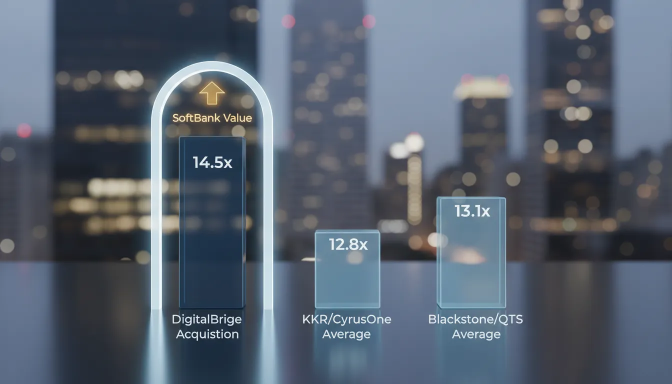 Bar chart comparing Enterprise Value/EBITDA multiples of the SoftBank DigitalBridge acquisition against historical KKR/CyrusOne and Blackstone/QTS data center deals.