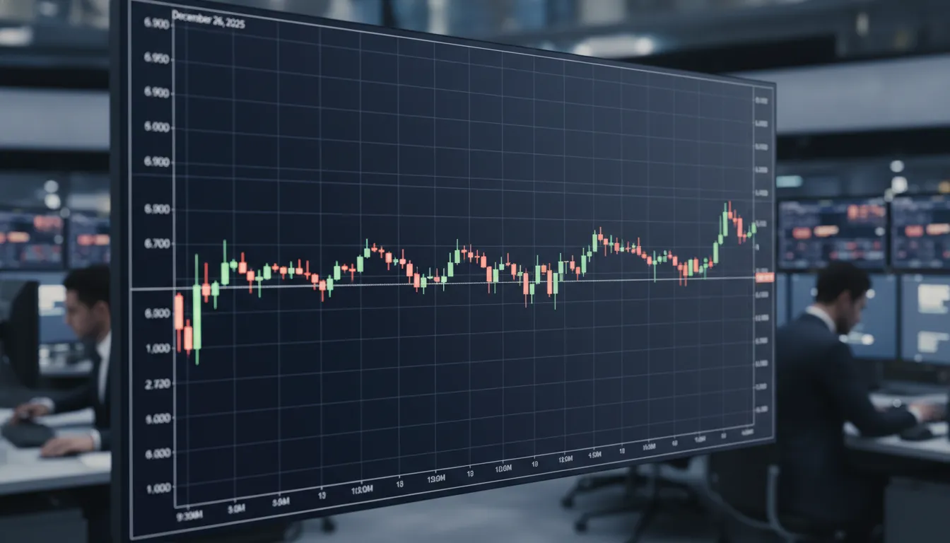 A professional candlestick chart showing S&P 500 intraday movement on December 26, 2025, illustrating price consolidation and low volatility near the 6,925 level.