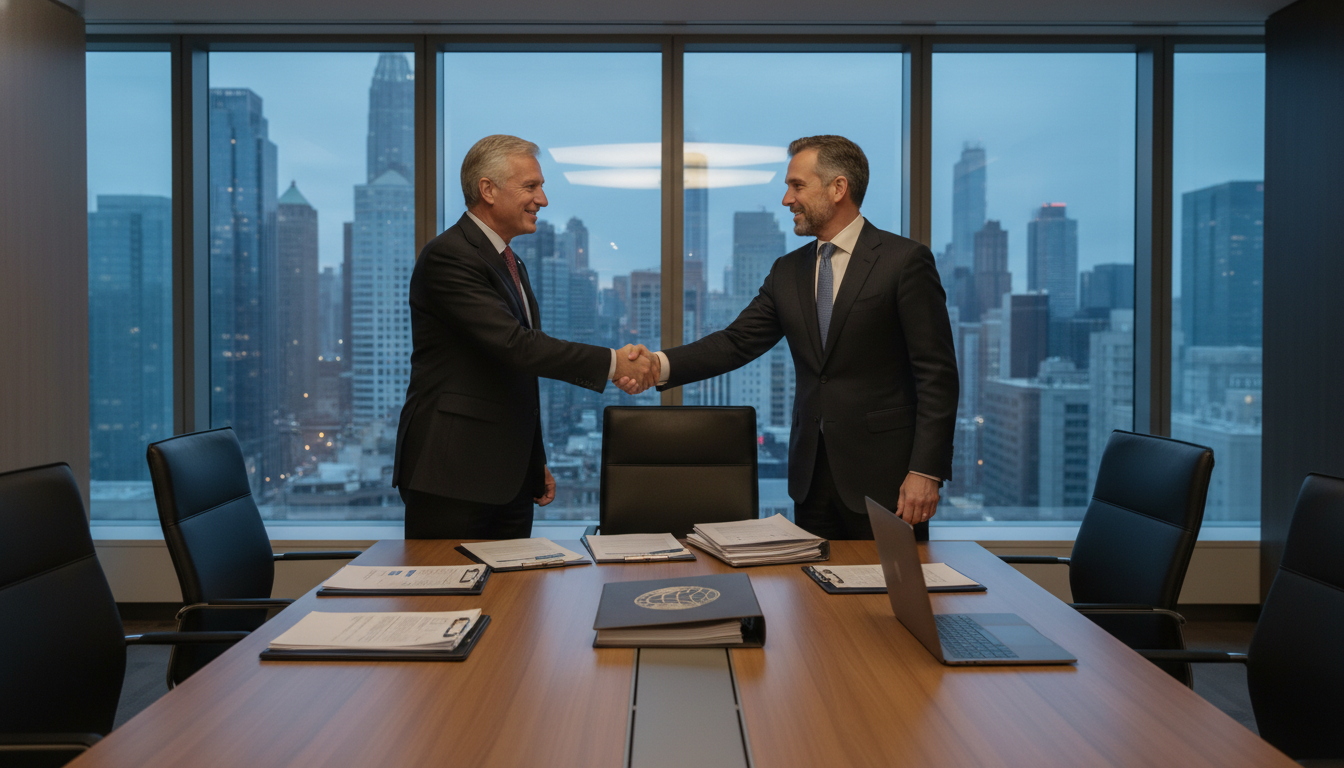 Corporate logos of Trian Fund Management and General Catalyst alongside the Janus Henderson brand, symbolizing the $7.4 billion take-private agreement led by Nelson Peltz.