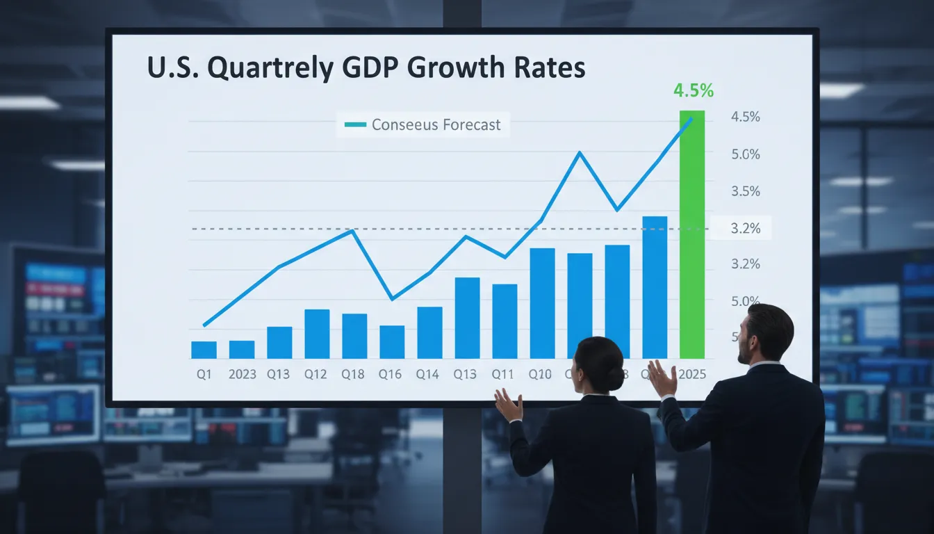 Line and bar chart illustrating U.S. quarterly GDP growth from 2023 to 2025, with the Q3 2025 growth rate of 4.3% highlighted in green to show it exceeding the 3.2% market expectation.