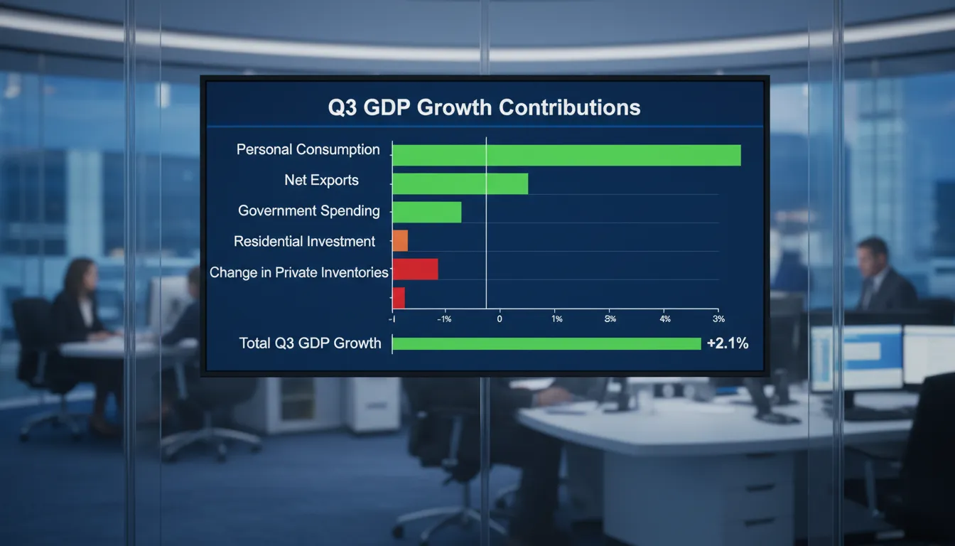 Horizontal bar chart illustrating U.S. third-quarter GDP growth of 4.3%, highlighting positive contributions from personal consumption, net exports, and government spending against negative bars for residential investment and private inventories.