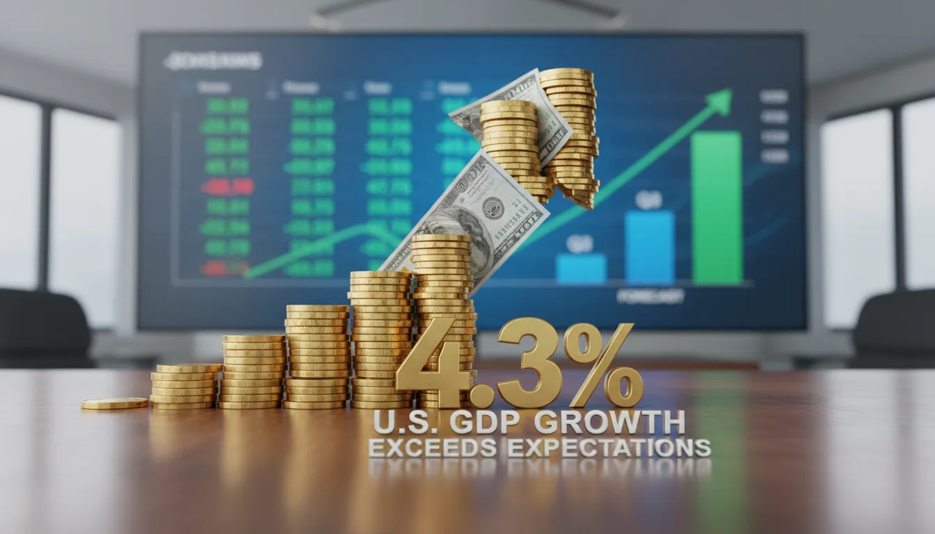A professional economic chart showing a significant upward trend for U.S. GDP growth in the third quarter, highlighting the 4.3% mark as it exceeds market expectations.