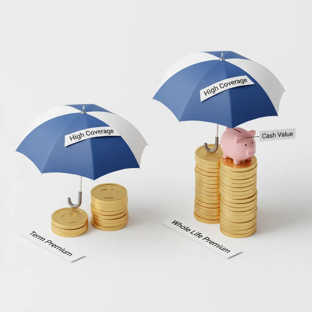 Visual cost comparison between Term and Whole Life insurance premiums versus coverage.